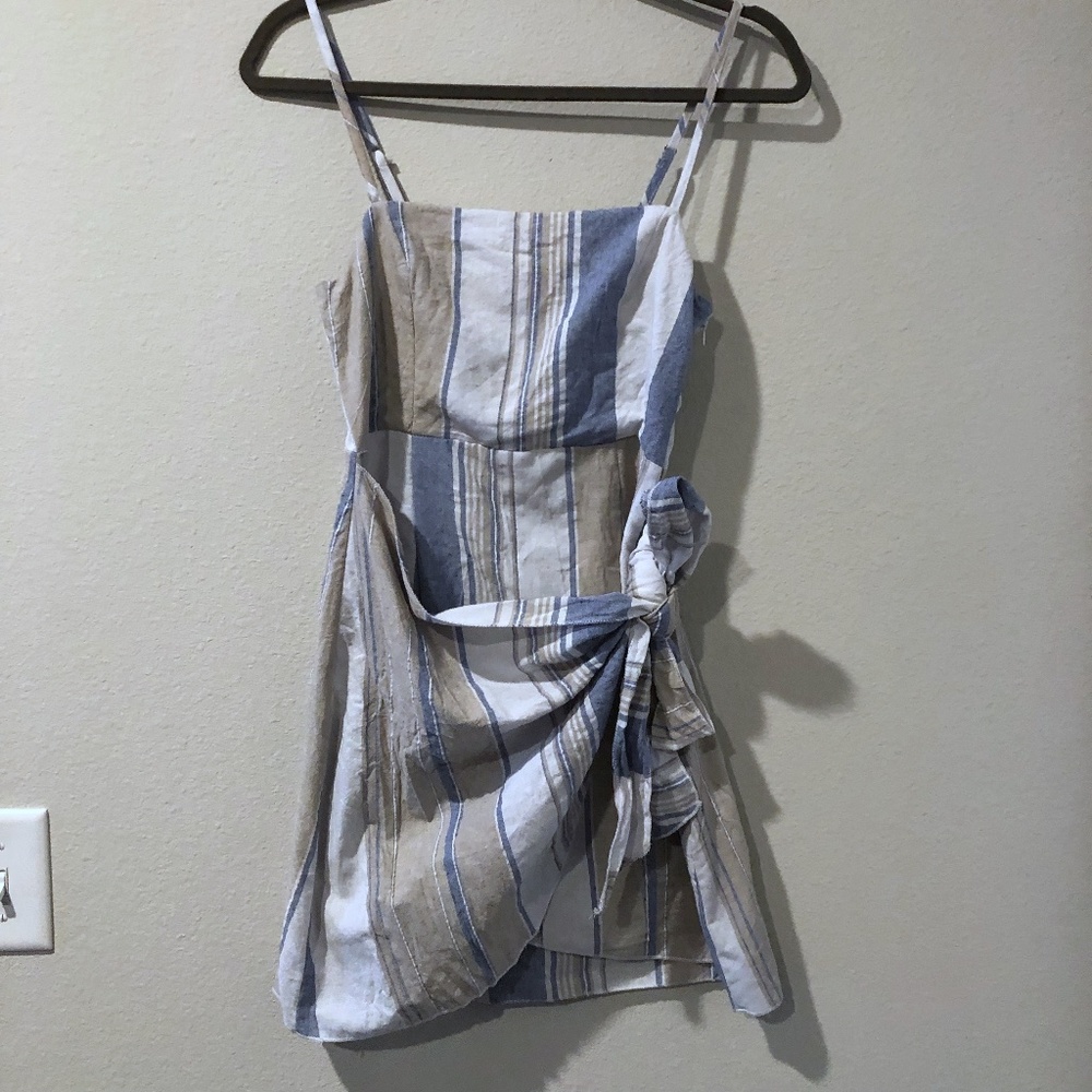 Showpo Blue White and Tan Stripe Spaghetti Strap Top with Wrap Tie Detail